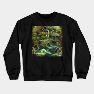 Sparkling Fantasy Cottage with Lights and Glitter Background in Forest, Scenery Nature Crewneck Sweatshirt